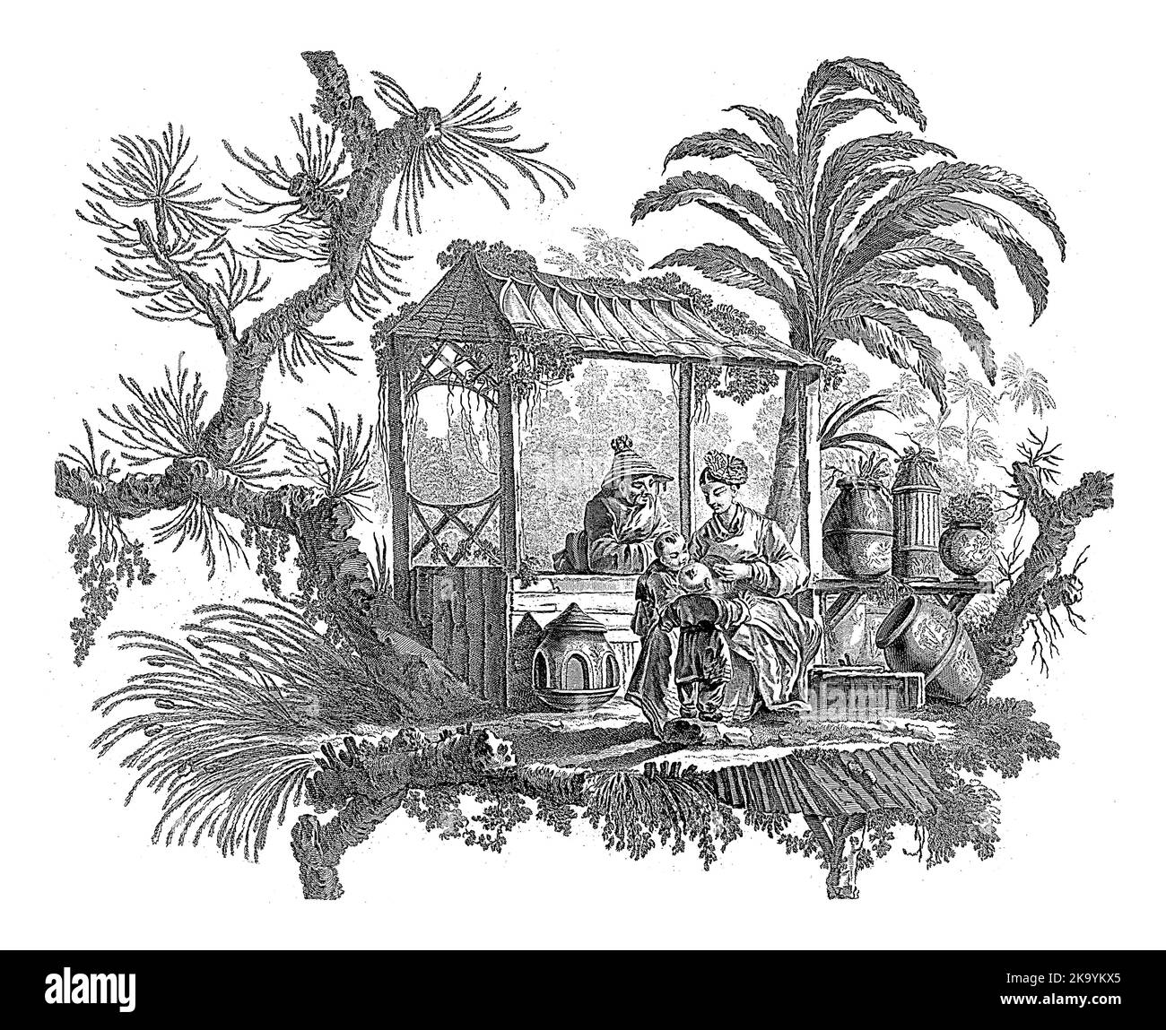 Chinesische Häuser und Figuren. Suite mit sechs Drucken. I. Pilling Inv. FA. aveline sc. London von I. Pillement, A Paris chez Basan, Francois-Antoine Aveline, Stockfoto