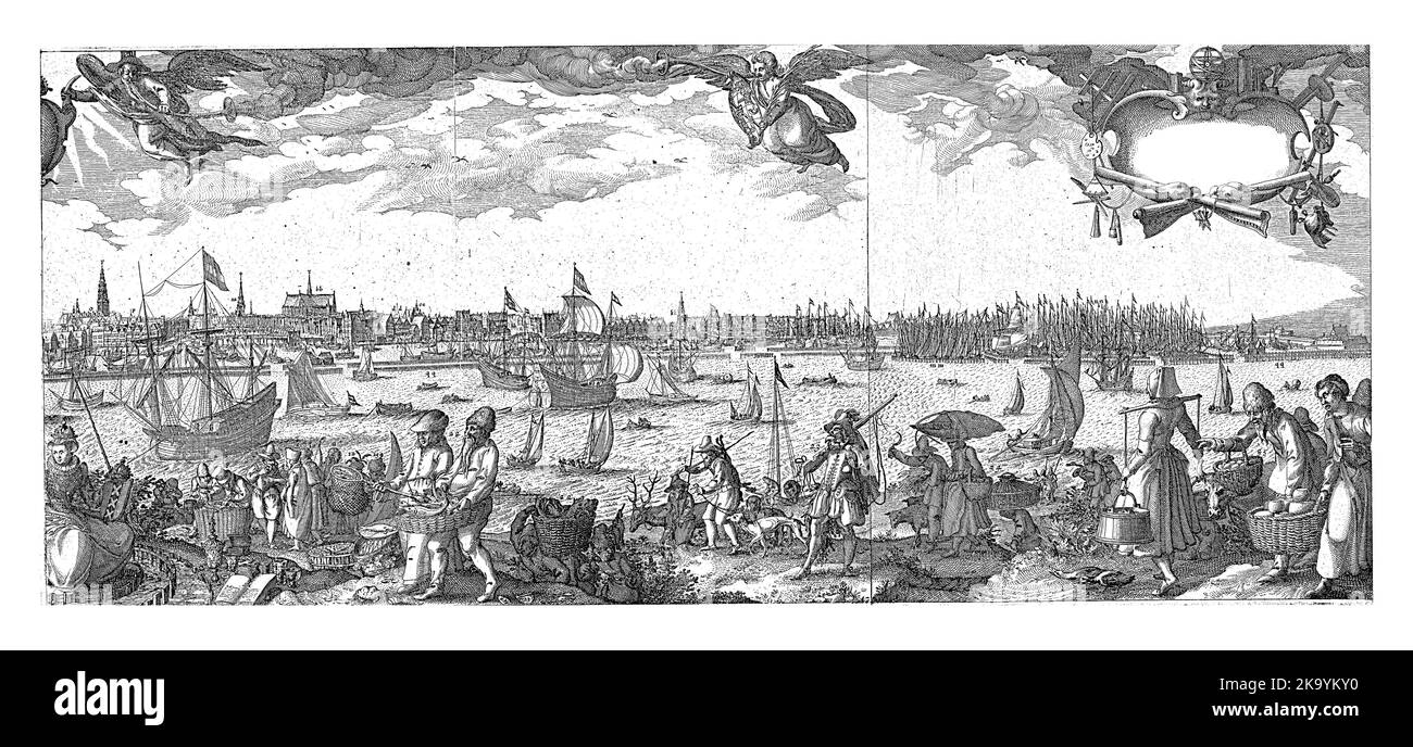 Profil von Amsterdam, vom IJ aus gesehen. Im Vordergrund in der Mitte die Amsterdamer Stadtjungfrau, umgeben von Figuren aus allen Teilen der Welt w Stockfoto