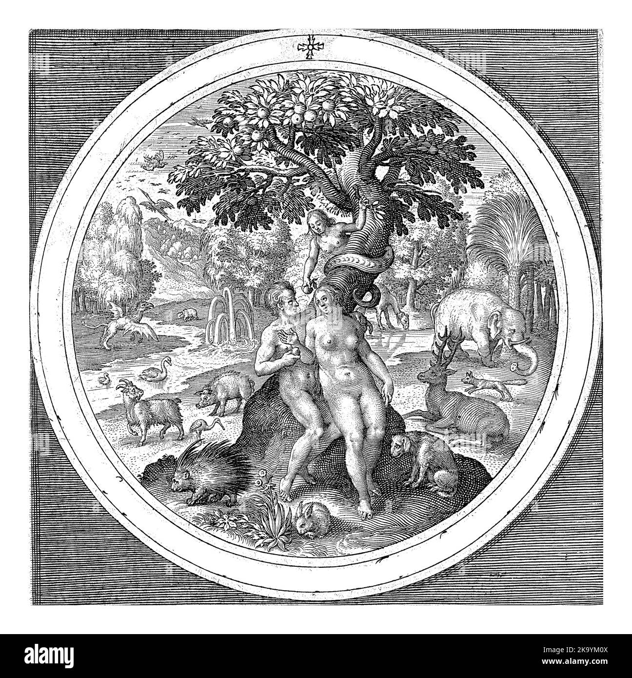 Eva wird von der Schlange am Baum des Guten und Bösen, Nicolaes de Bruyn, nach Maerten de Vos, 1581 - 1656, getäuscht Eva wird von der Schlange am Th Stockfoto