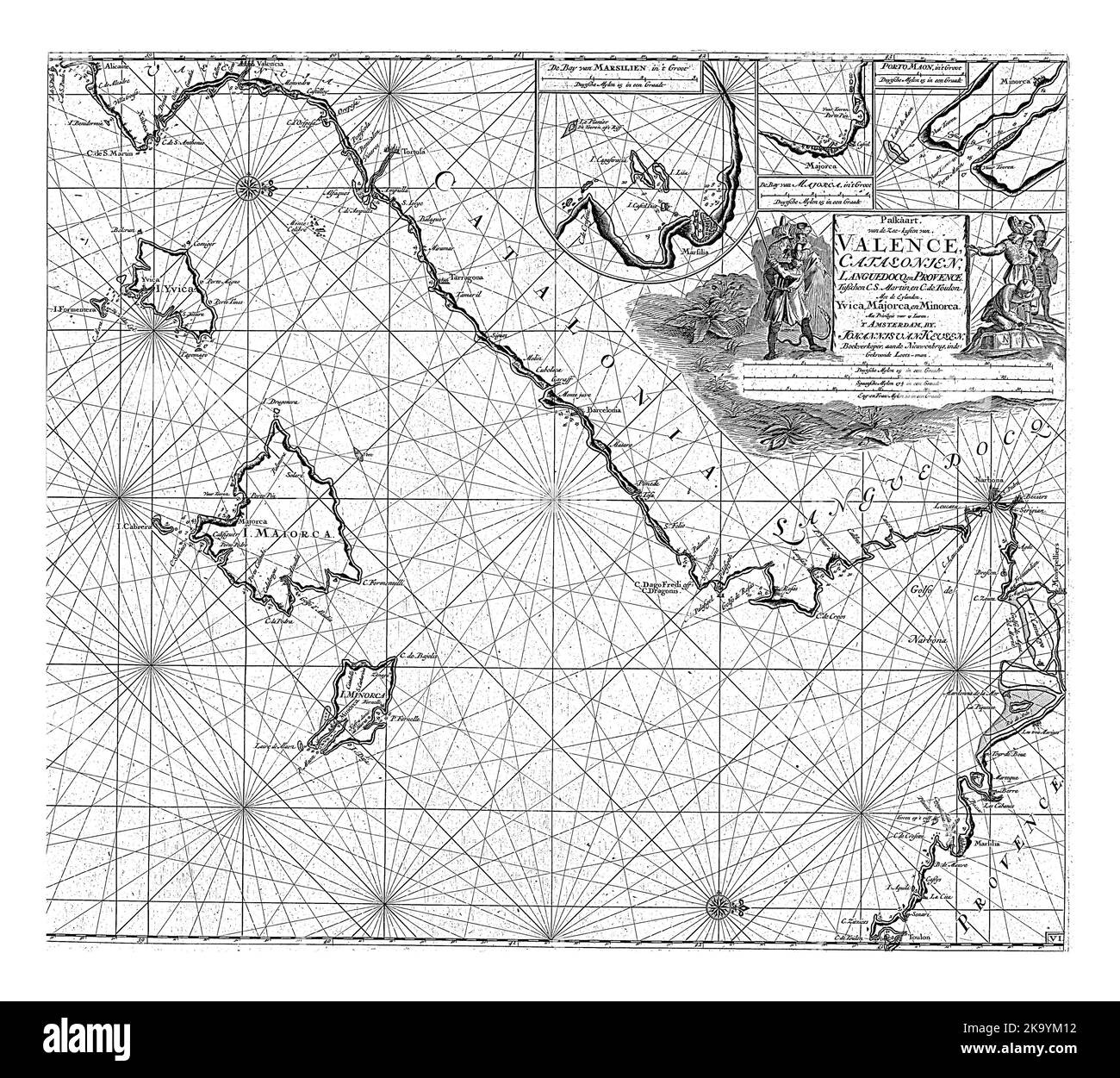 Passkarte eines Teils der Ostküste Spaniens mit den Balearen und einem Teil der französischen Küste, mit drei Einsatzkarten und zwei Kompassrosen Stockfoto