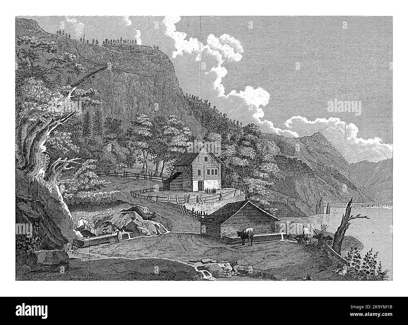 Blick auf die Wiese und den See bei Rutli, Daniel Vrijdag, nach Caspar Wolf, 1798 Stockfoto