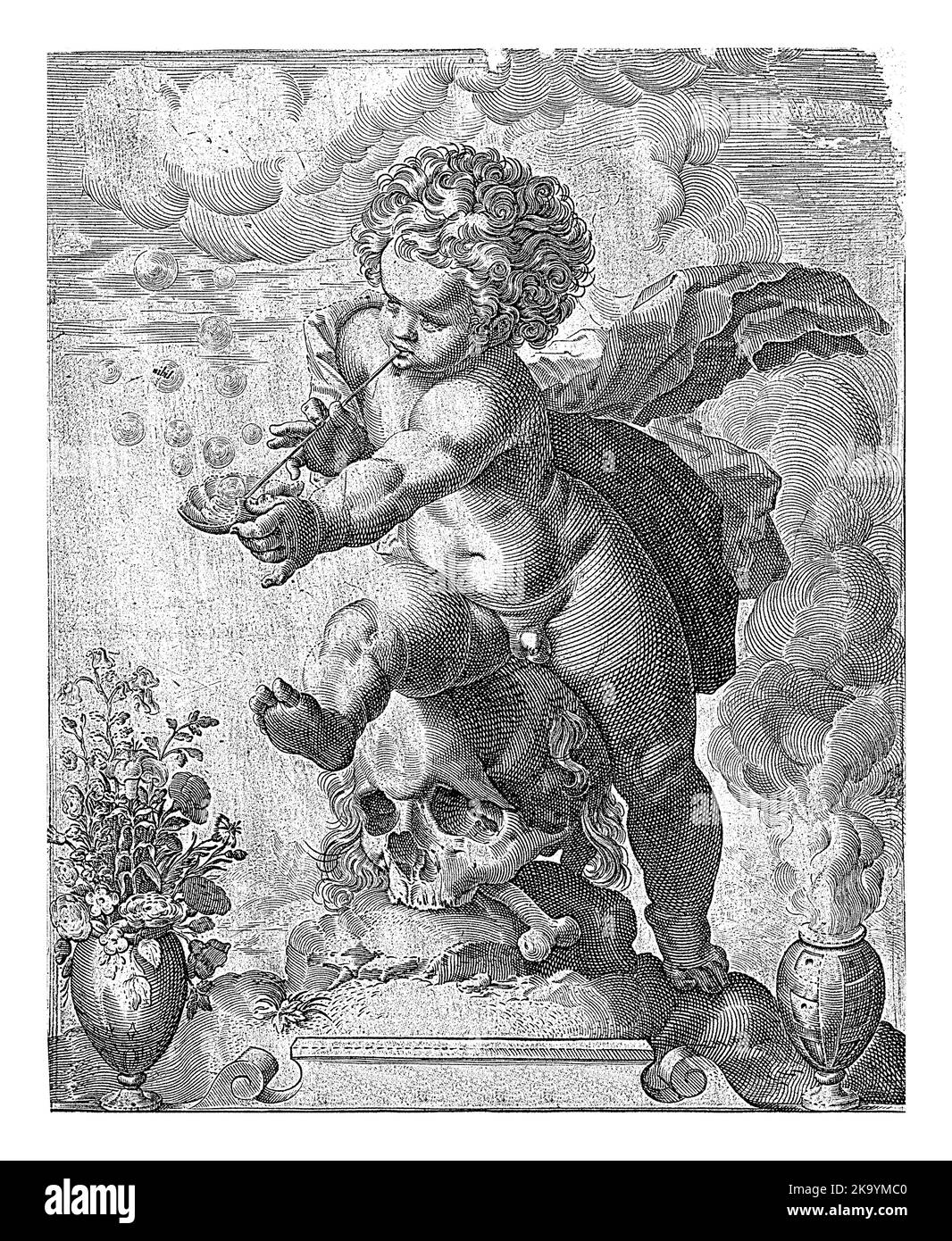 Ein Putto sitzt auf einem Schädel und bläst Blasen. Links eine Vase mit Blumen und rechts ein rauchenden Fass. Unterhalb der Performance zwei vierzeilige Vers Stockfoto