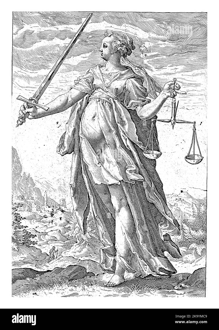 Die Gerechte Personifizierte; eine weibliche Gestalt mit Schwert und Waage. Stockfoto