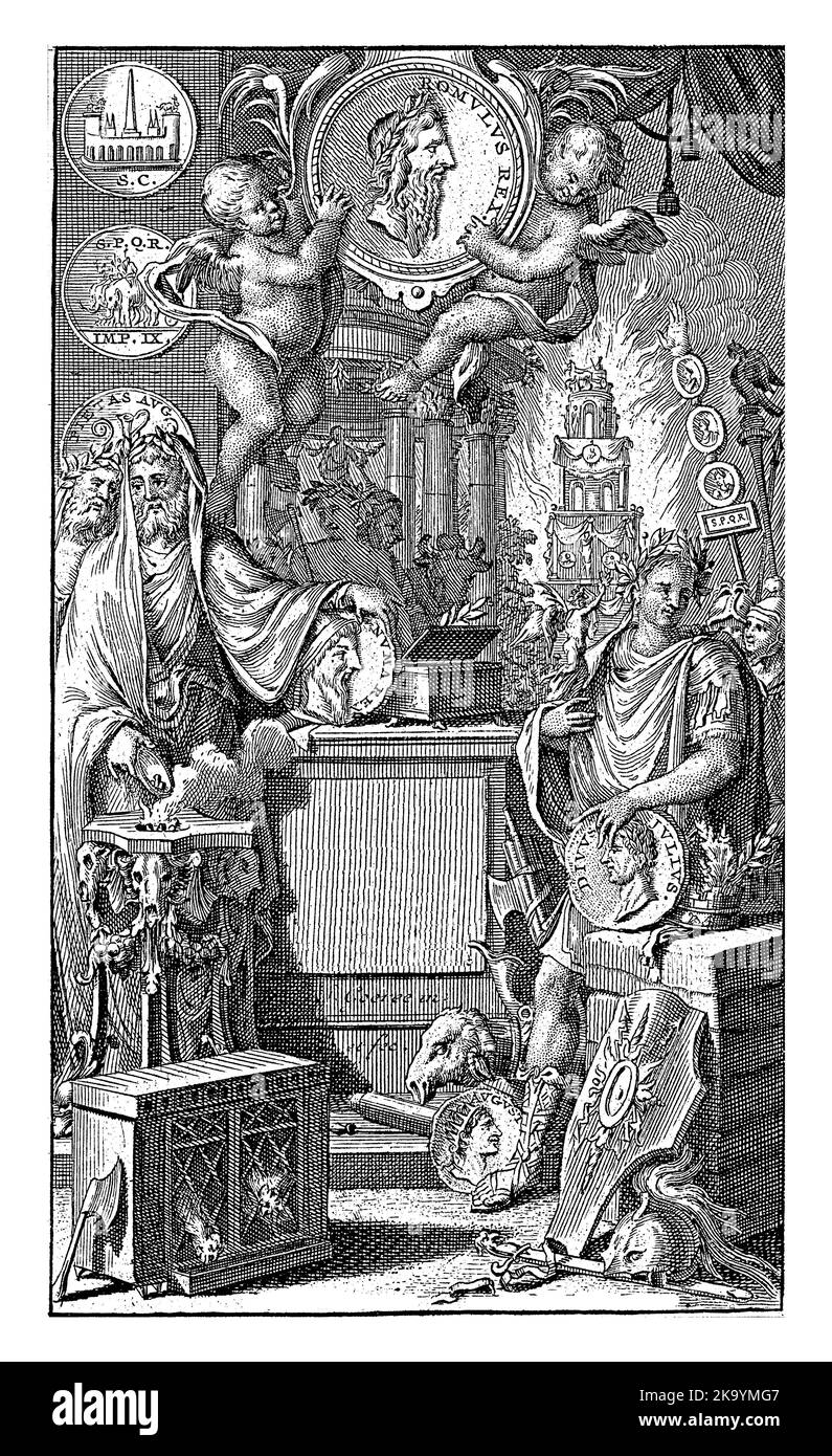 In der Mitte ein Sockel mit dem Titel des Buches. Um den Sockel herum allerlei Figuren aus der römischen Antike. Stockfoto
