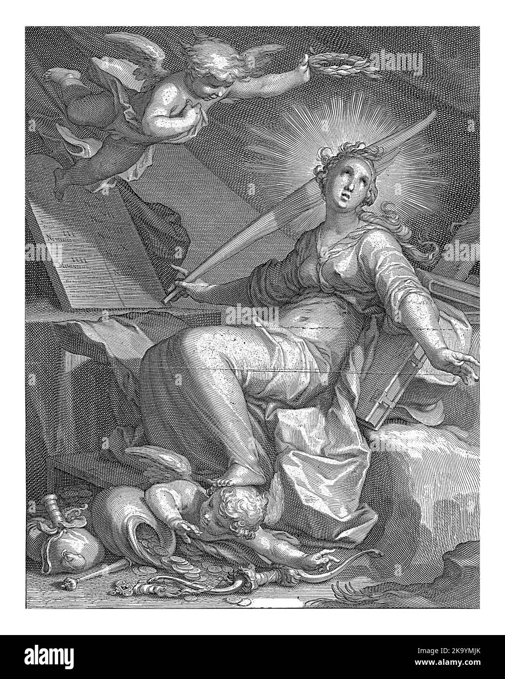 Eine Frau als Personifizierung der Frömmigkeit sitzt an zwei Steintafeln mit den zehn Geboten auf ihnen. Ein Halo ist um ihren Kopf herum zu sehen und sie ist Holdi Stockfoto