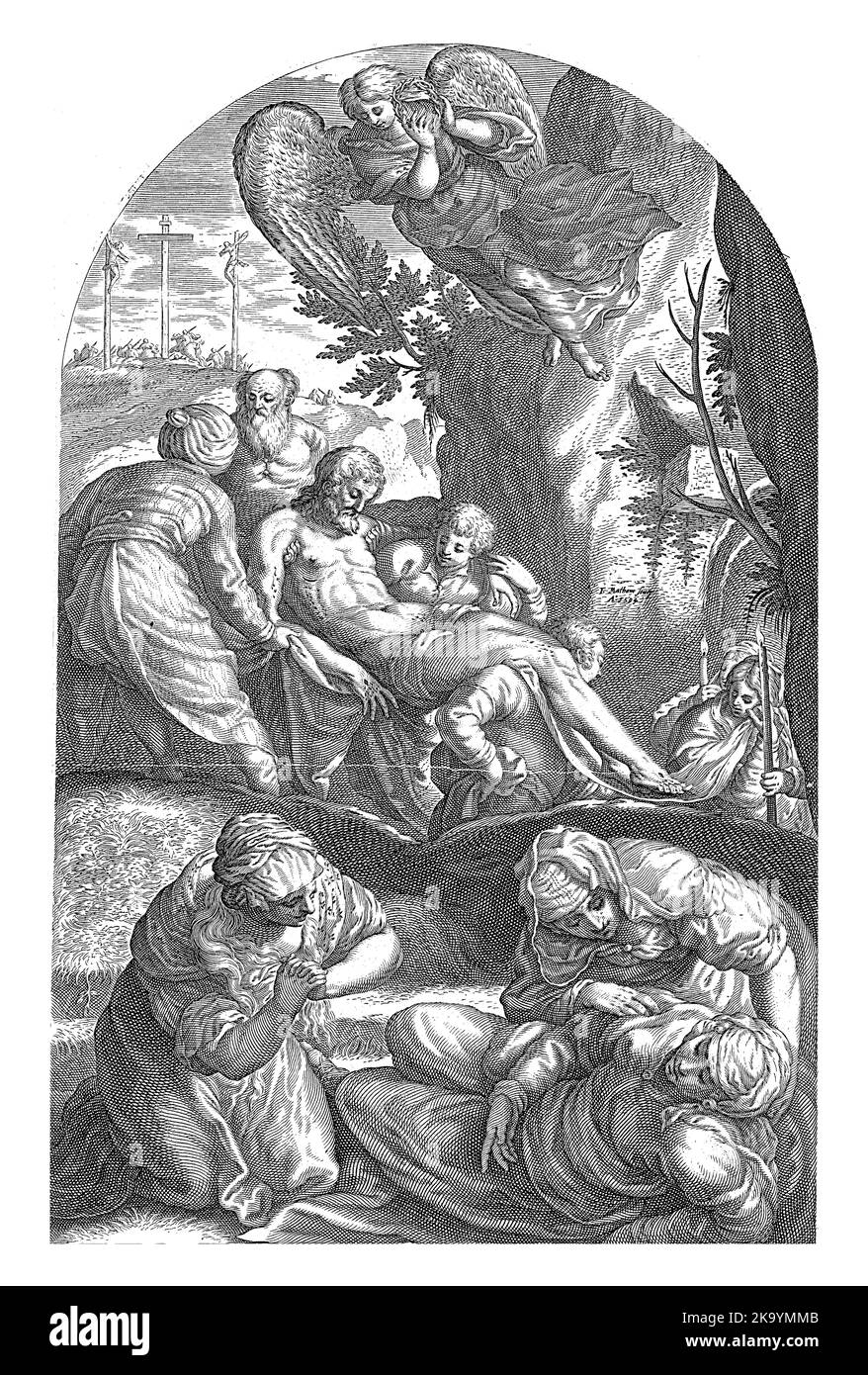 Der Leib Christi wird zum Grab getragen. Im Vordergrund drei vor Trauer überwundenen Frauen. Im Hintergrund Golgatha mit den drei Kreuzen. Stockfoto