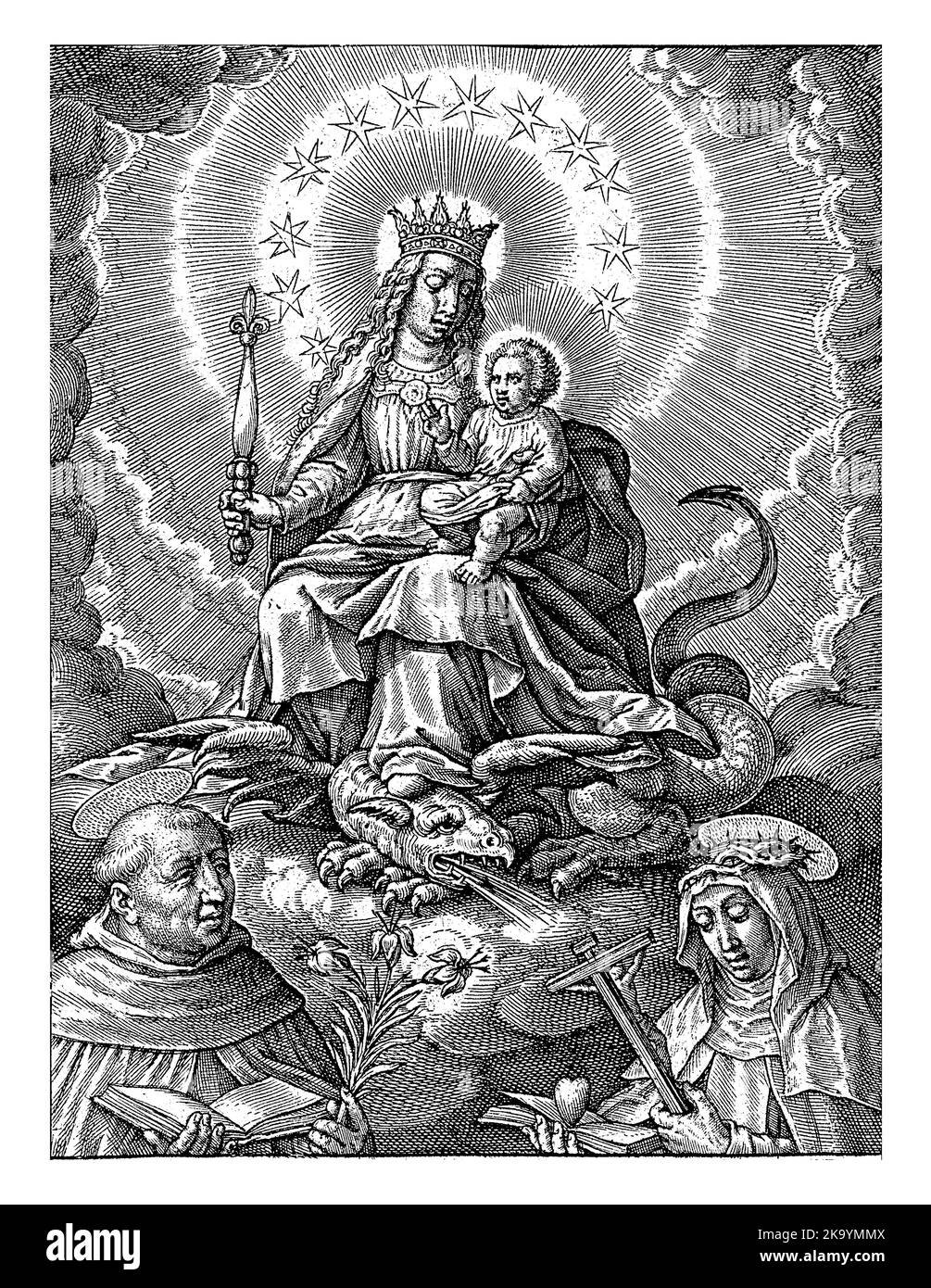 Maria als Himmelskönigin, mit dem Christkind, Hieronymus Wierix, 1563 - vor 1619 Maria als Himmelskönigin sitzt auf den Wolken mit dem Christkind Stockfoto