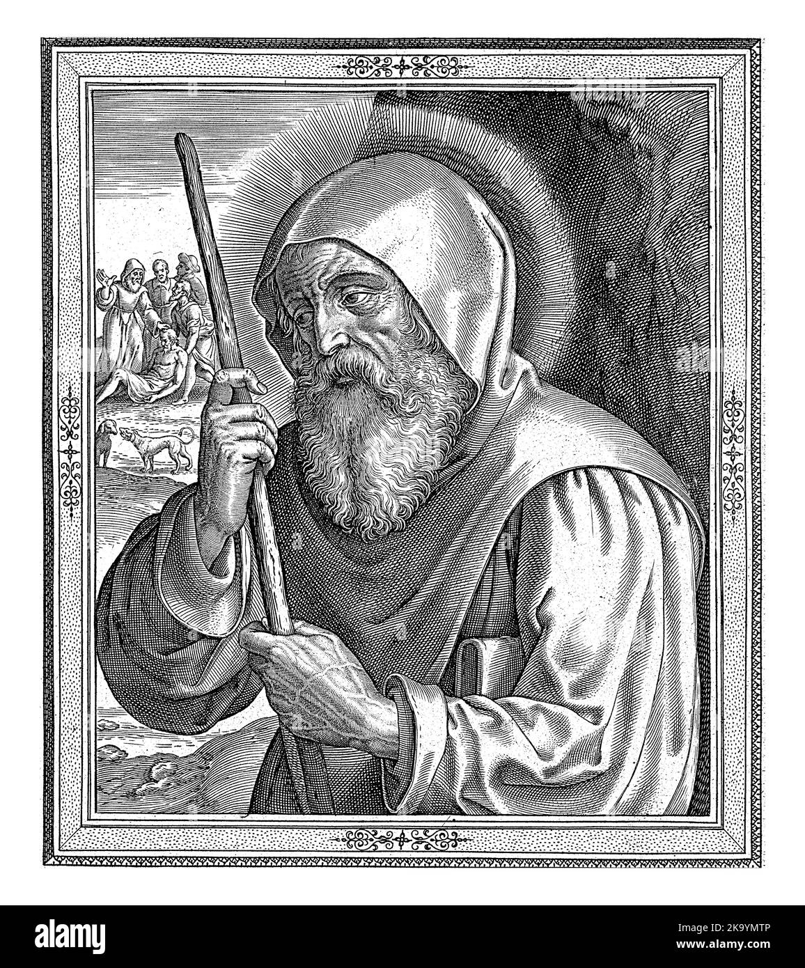 Franziskus von Paola, Gründer des Ordens von Minims, mit einem Stock in den Händen. Im linken Hintergrund heilt das Heilige kranke Menschen. Stockfoto