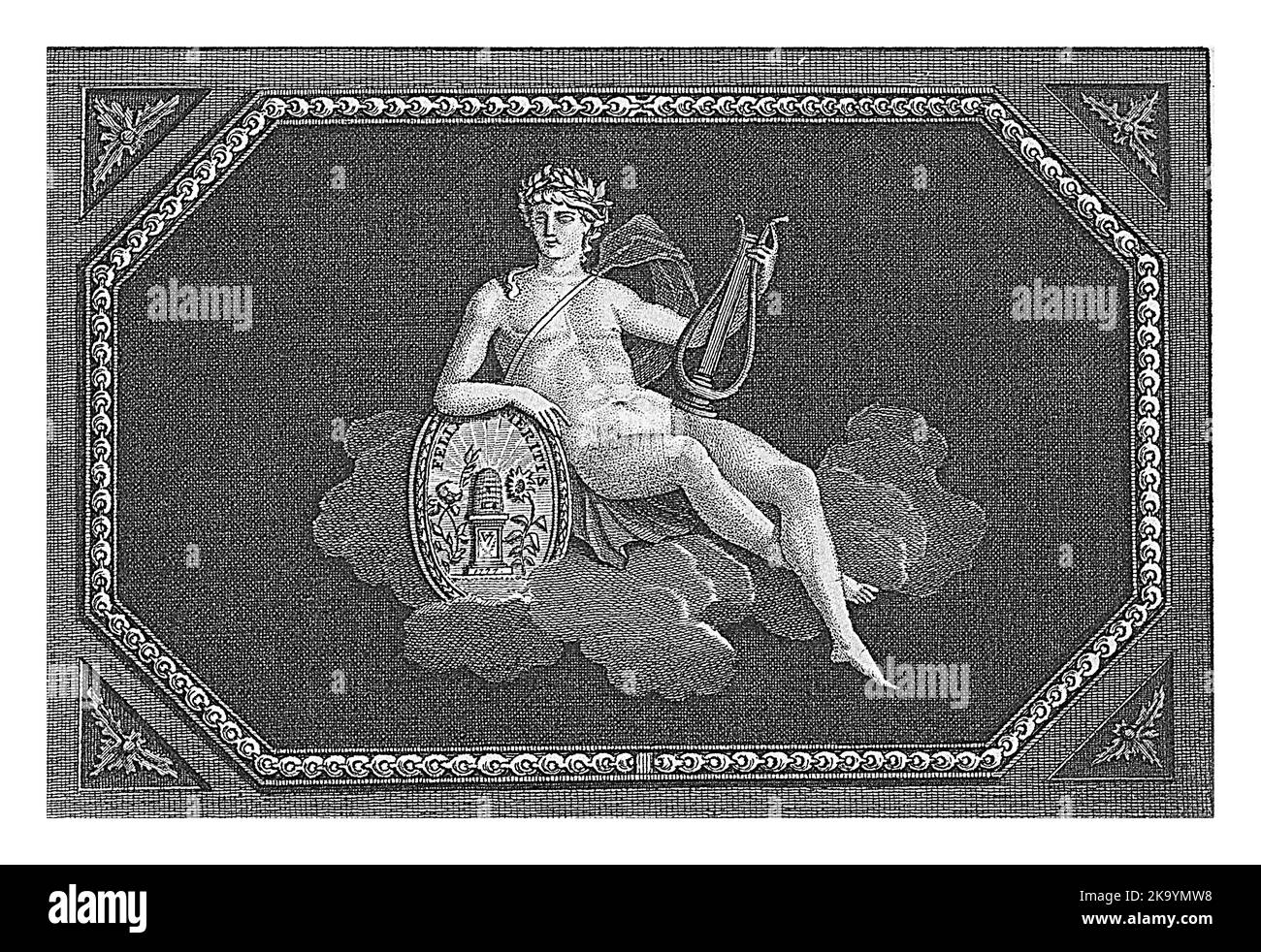 Apollo saß auf Wolken mit einem Lorbeerkranz auf dem Kopf. In seiner linken Hand eine Leier, dessen rechter Arm auf einem runden Schild mit der Aufschrift: Felix liegt Stockfoto