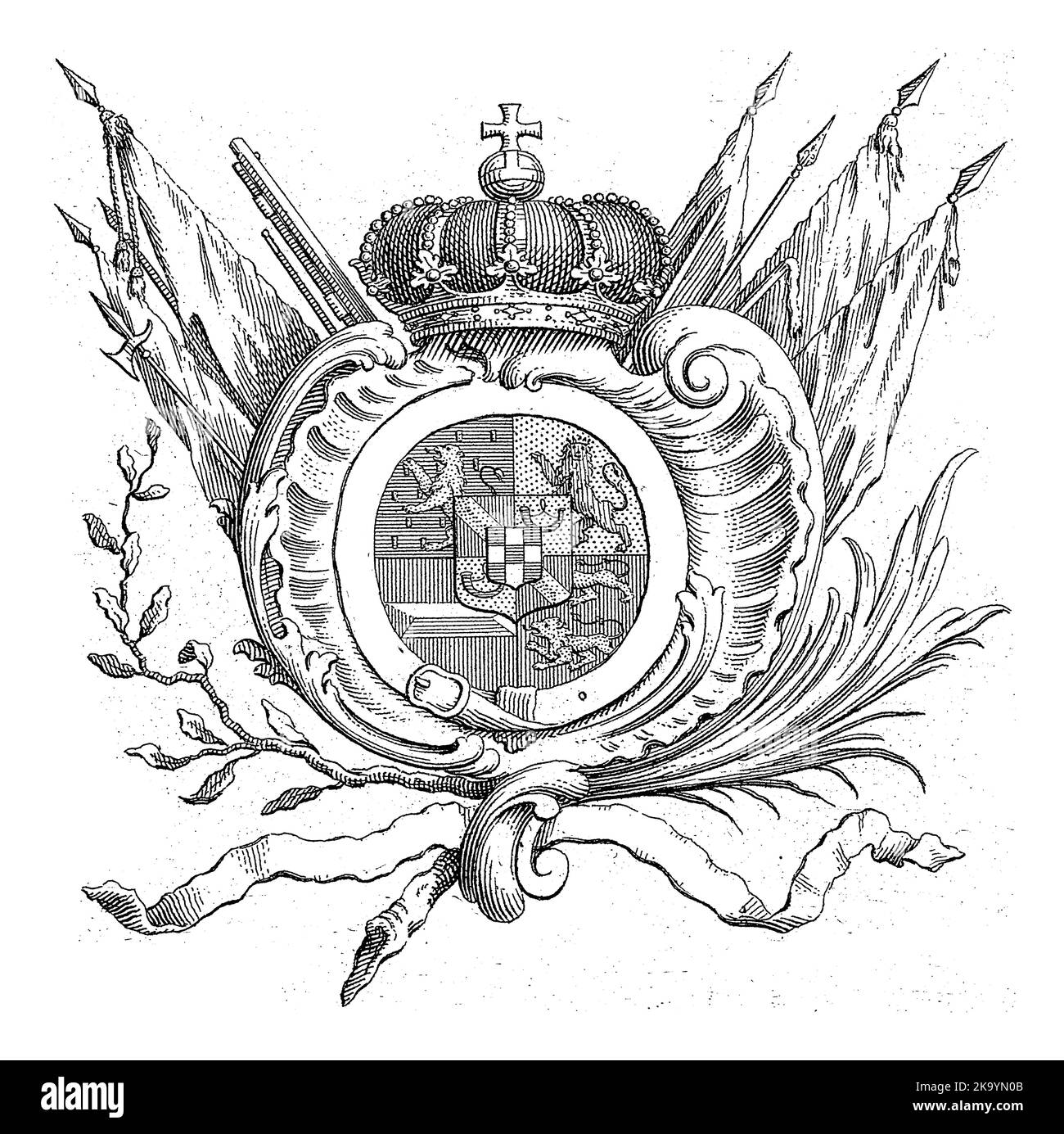 Wappen von Wilhelm IV. Mit einer Krone und zwei Löwen, verziert mit dem Gewand und dem Motto des Strumpfordens. Unten auf einer Banderole sein ge Stockfoto