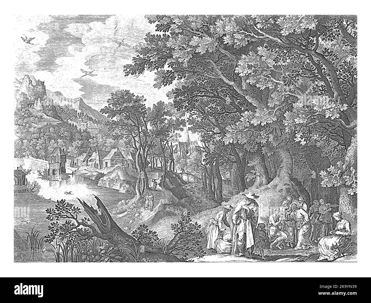 Landschaft mit Christus Heilung eines Blinden, Jan van Londerseel, nach Nicolaes de Bruyn, nach Gilles van Coninxloo (II), 1652 - 1702 Christ Strokes Th Stockfoto