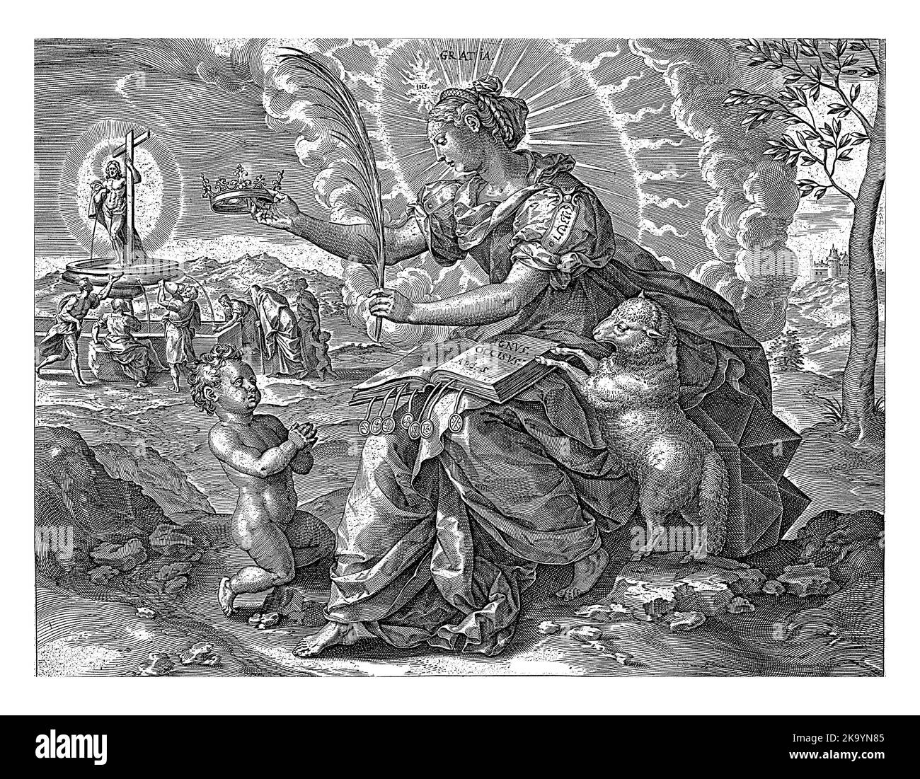 Das Eiserne Zeitalter: Das Gnadengesetz des Neuen Testaments, Hieronymus Wierix, nach Maerten de Vos, nach Willem van Haecht, 1563-1580 die weibliche Persönlichkeit Stockfoto
