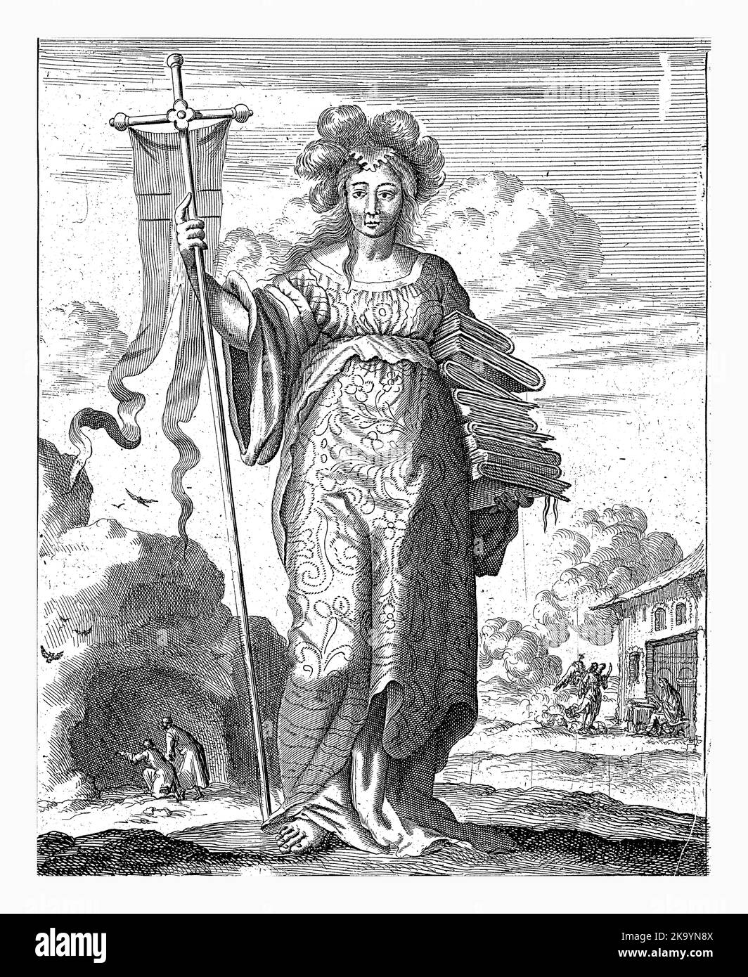 Sibyl von Cumae, Jan Luyken, 1684 Sibyl von Cumae. Im Hintergrund zwei Männer vor einem Höhleneingang und der Darstellung der Verkündigung. Pri Stockfoto