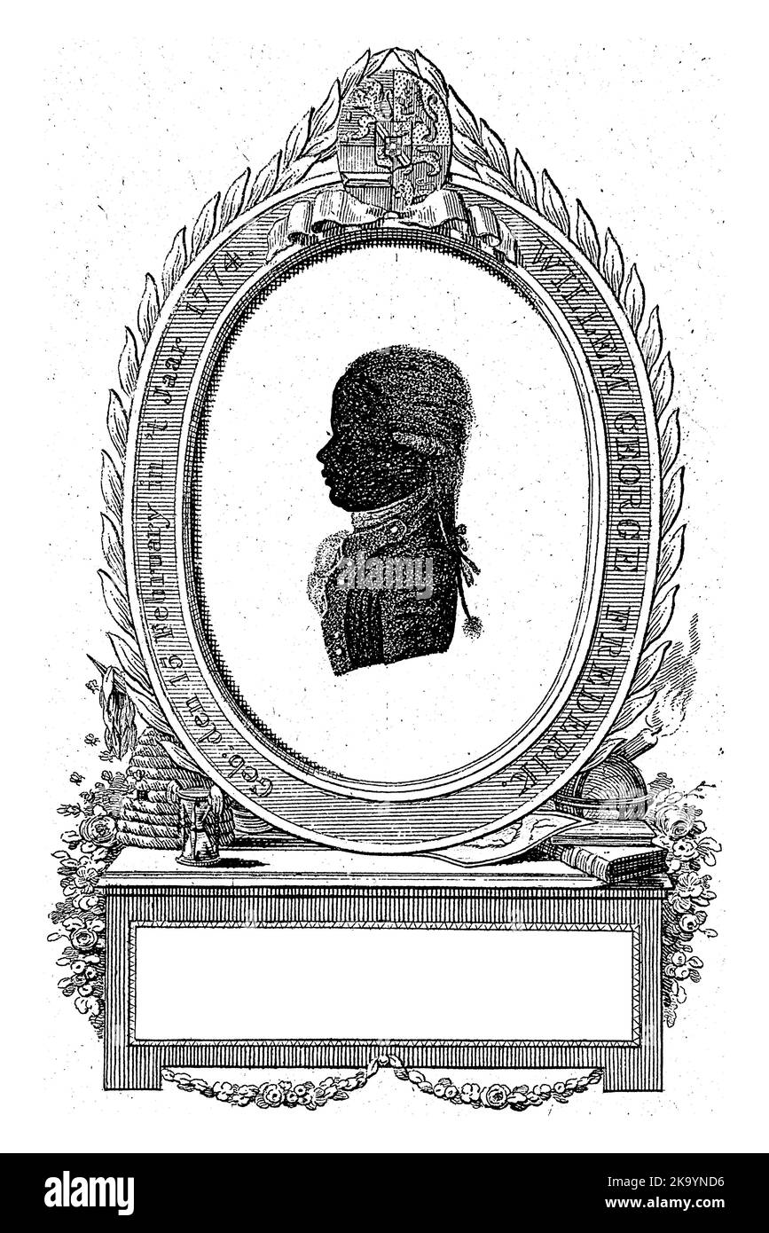 Silhouette Porträt von Frederik, Prinz von Oranien-Nassau, Jan Gerritsz. Visser, 1786 Silhouette Porträt Frederiks im Oval mit Randschrift. Stockfoto