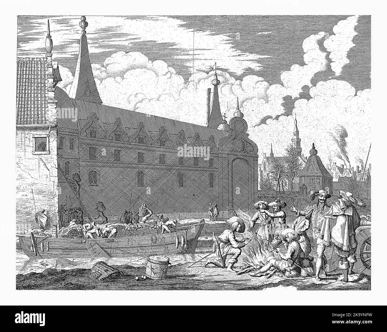 Die Ruse mit dem Torfschiff von Breda, 1590, Jan Luyken, 1681 unter Breda mit dem Torfschiff, 4. März 1590. Heraugieres schickt seine Männer von der Stockfoto