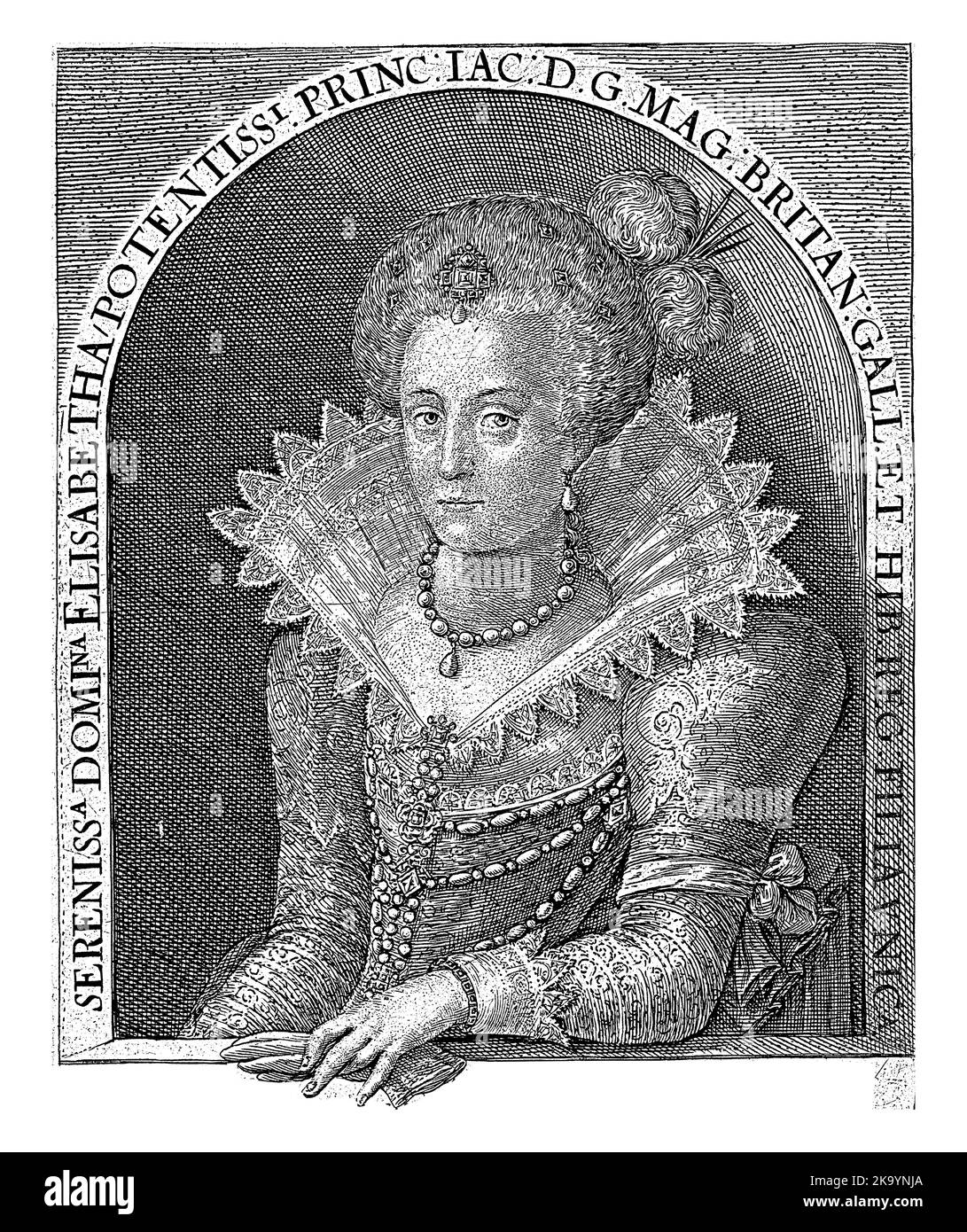 Porträt von Elisabeth Stuart, Kurfürst der Pfalz, Königin von Böhmen. In der Randschrift des Rahmens Name und Position des Sitters in Latein Stockfoto