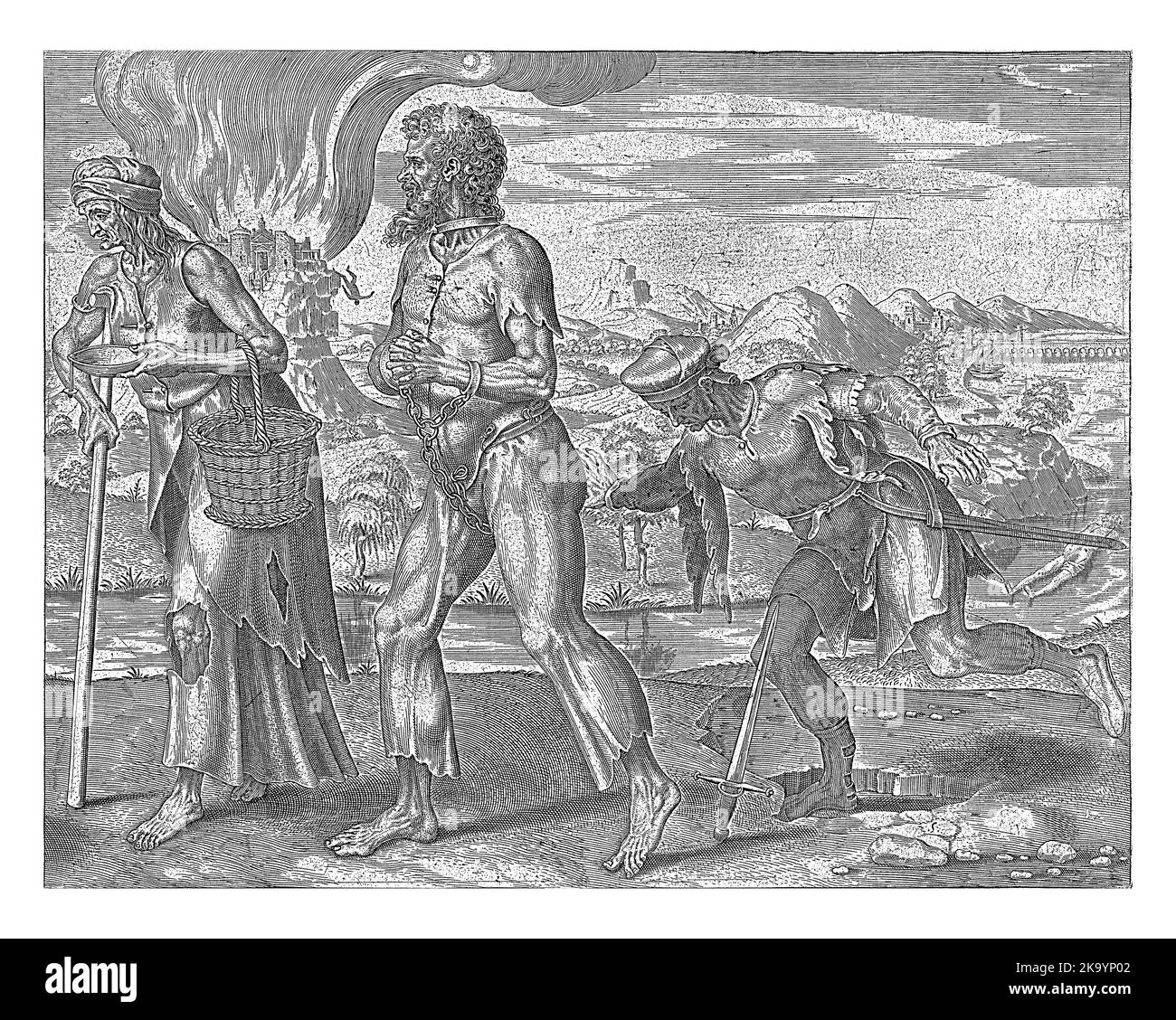 Die Personifizierung der Armut führt den Weg, gefolgt von einem verketteten Gefangenen und einem, der in sein eigenes Schwert stürzt. Stockfoto