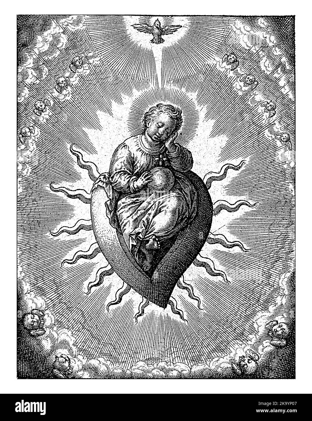Tugend of the Heart, Hieronymus Wierix, 1563 - vor 1619 sitzt das schlafende Christuskind auf einem flammenden Herzen, umgeben von Cheruben. An der Spitze das Ho Stockfoto Tugend of the Heart, Hieronymus Wierix, 1563 - vor 1619 sitzt das schlafende Christuskind auf einem flammenden Herzen, umgeben von Cheruben. An der Spitze das Ho Stockfoto