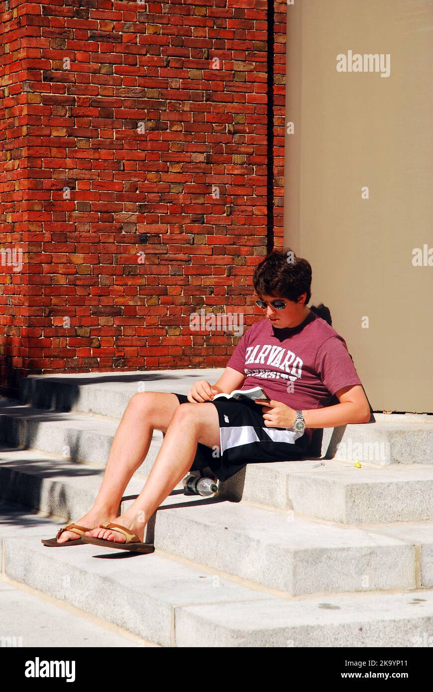 Ein männlicher Student der Harvard University, der auf den Stufen der Gedächtniskirche studiert Stockfoto