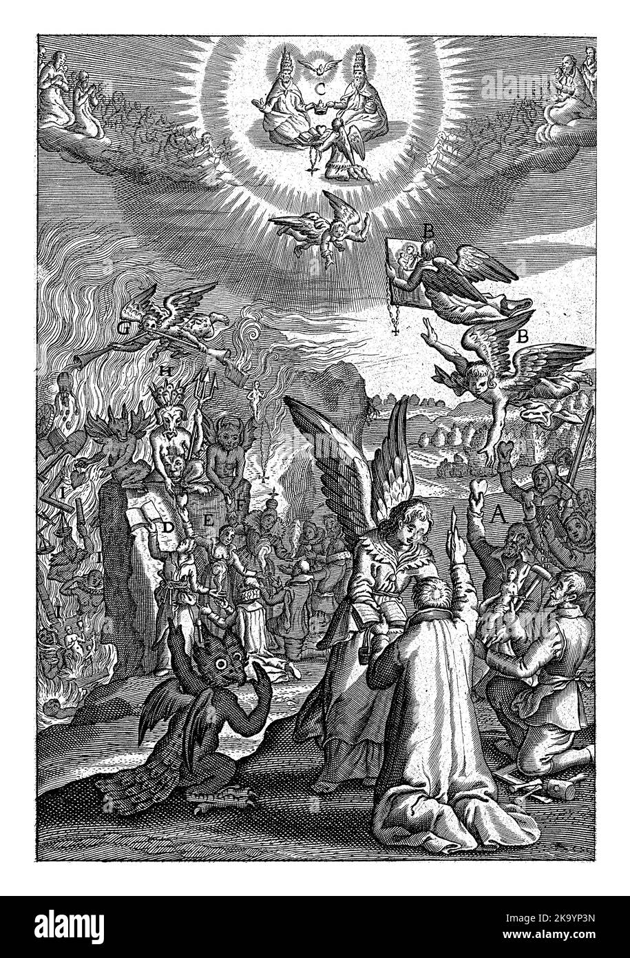 Ein Engel zeigt einem knieenden Mann, der seine guten Werke als gottesfürchtiger Mann vollbringt, um Gott zu gefallen. Der Teufel versucht, ihn zu stoppen. Stockfoto