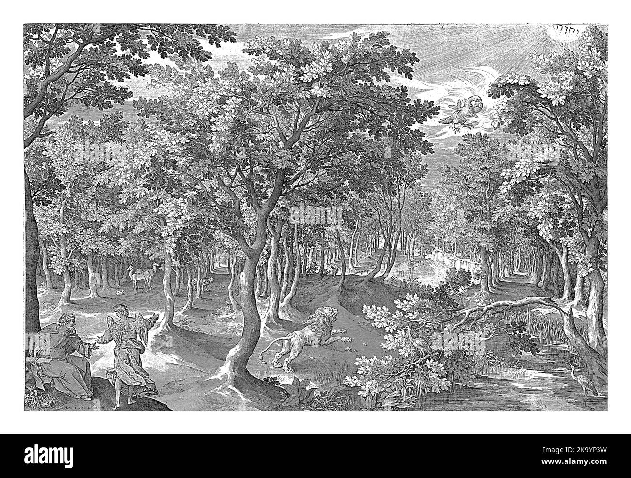 Die fünfte Vision von Esra. In einem Wald brüllt ein Löwe in den Himmel, wo sich ein brennender dreiköpfiger Adler verschlingt. Stockfoto