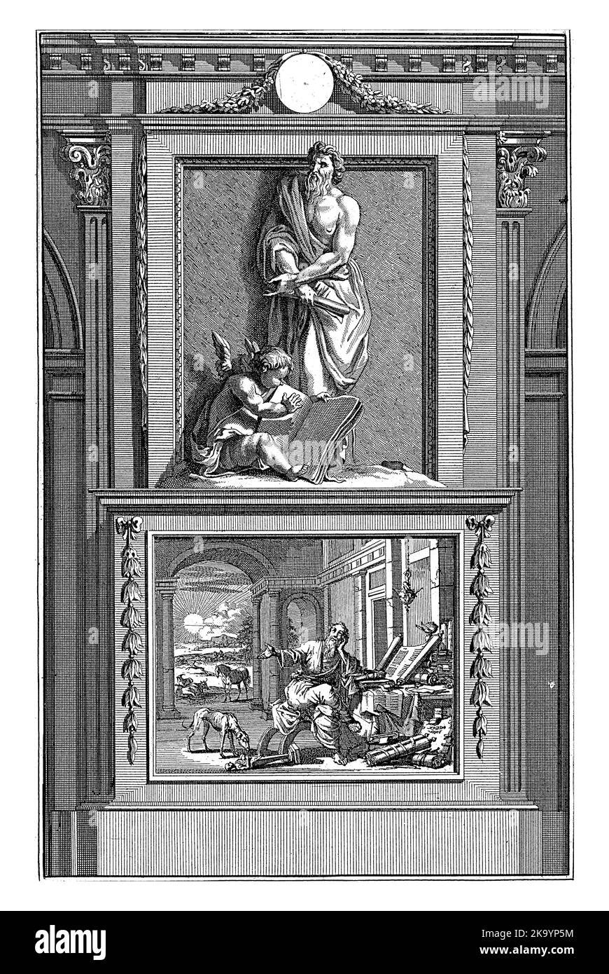 H. Theophilus von Antiochien, Apologe, Jan Luyken, nach Jan Goeree, 1698, dem heiligen Apologeten Theophilus von Antiochien mit einem zusammengerollten Papier in den Händen. Stockfoto