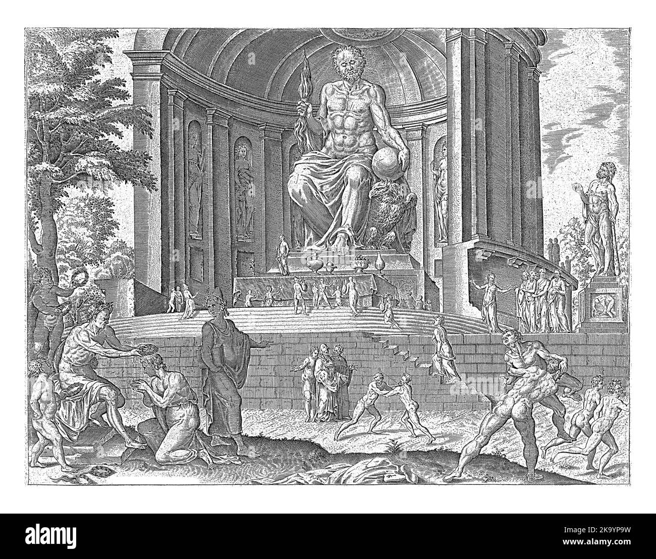 Die Statue des Zeus befand sich im dorischen Tempel von Olympia auf dem griechischen Peloponnes. Es wurde etwa 433 v. Chr. gebaut. Vom athenischen Bildhauer gemacht Stockfoto