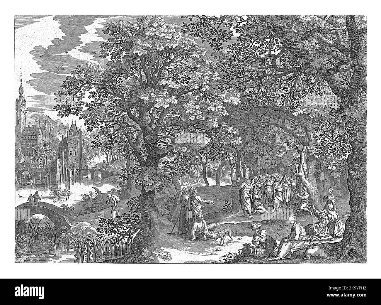 Berufung von Zachäus, anonym, nach Nicolaes de Bruyn, nach David Vinckboons (I), 1679 - 1702 Menschenmengen versammelten sich in einem Wald um Christus. Christus s Stockfoto