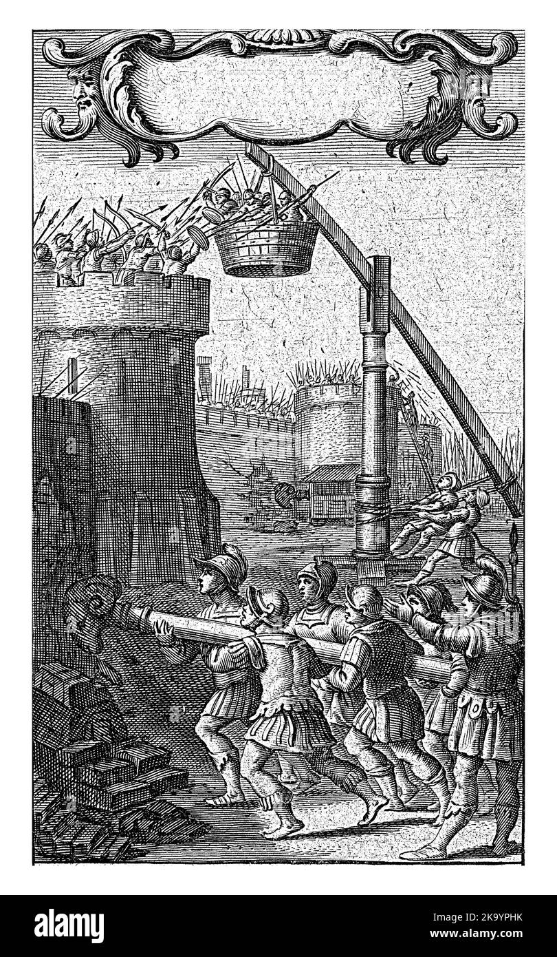 Soldaten greifen die Festung mit einem Rammbock an, an den Wänden verteidigen sich Soldaten gegen den Angriff, Cornelis van Dalen (I), 1645 Stockfoto