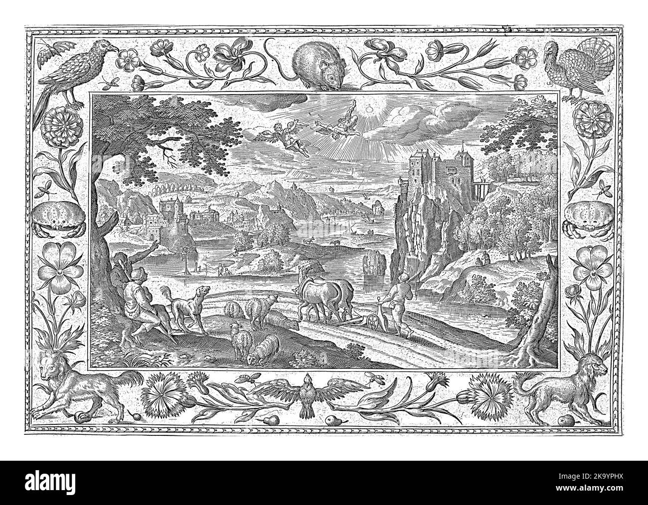 Landschaft mit Feld. Am Himmel Daedalus und Ikarus. Ikarus fliegt zu hoch von der Sonne, das Wachs seiner Flügel schmilzt und er fällt vom Himmel. Stockfoto