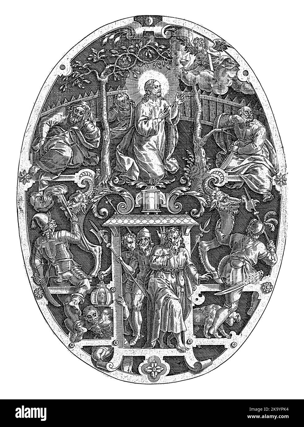 Der betende Christus und die schlafenden Apostel im Garten Gethsemane. Ein Engel kommt, um ihn zu trösten. Im stehenden oval mit Ornament. Im Vorhinein Stockfoto