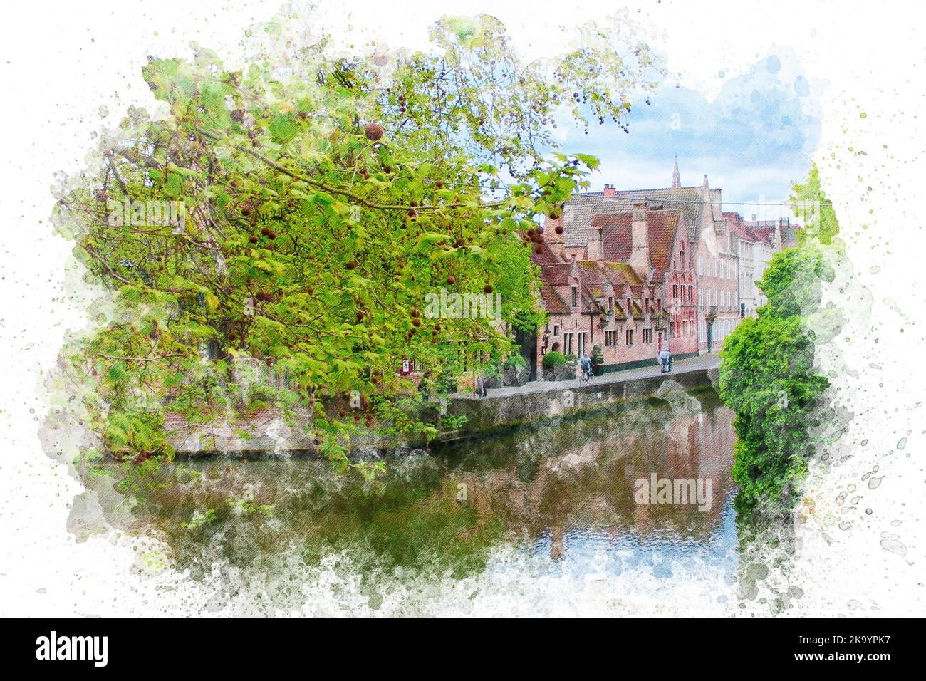 Stadtbild Brügge Aquarell Illustration Malerei auf Leinwand Rahmen Textur. Brügge Belgien Landschaft Hintergrund Stockfoto
