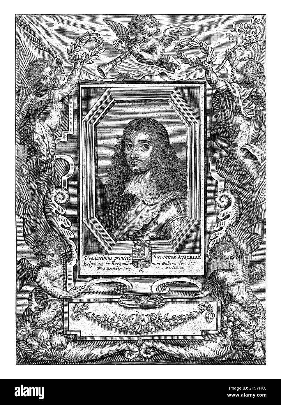 Porträt im ovalen Rahmen von Don Juan II. Von Österreich, Gouverneur der Südniederländer. Büste nach links. Don Juan trägt eine Rüstung. Stockfoto