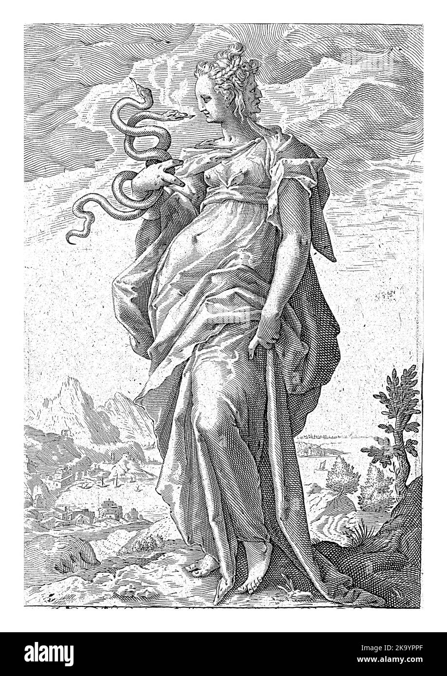 Die Prudence verkörperte sich, eine weibliche Gestalt mit zwei Schlangen in der Hand und einem zweiten Gesicht auf dem Hinterkopf. Stockfoto