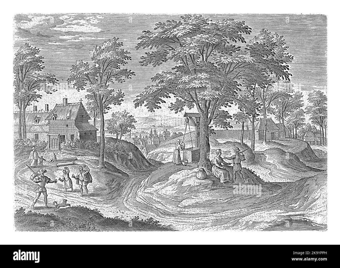 Ansicht des Aussätzigen Hauses von Scheut, in der Gemeinde Anderlecht, in der Nähe von Brüssel. Einige Spaziergänger um das Aussätzehaus. Der Druck ist Teil einer Serie mit Witz Stockfoto