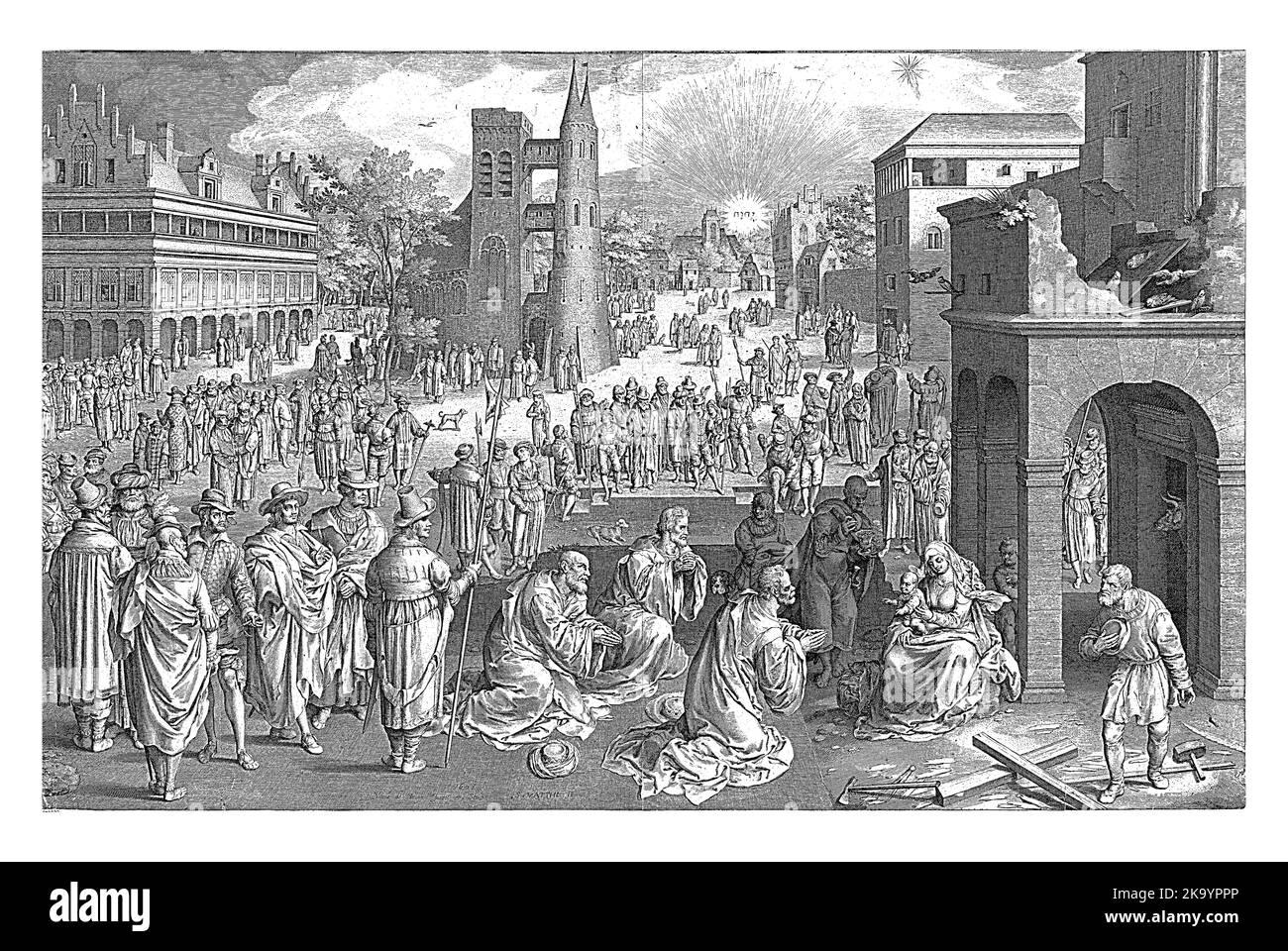 Anbetung der Könige, Nicolaes de Bruyn, 1608 Ein Platz in einer Stadt. Im rechten Vordergrund zeigt Maria den drei Weisen das Christuskind. Neben Stockfoto