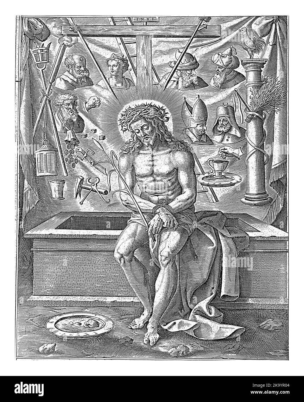 Christ as a man of Sorrows, Antonie Wierix (II), nach Maerten de Vos, 1565 - vor 1611 Christus sitzt mit Handschellen an der Kante seines Grabes. Stockfoto