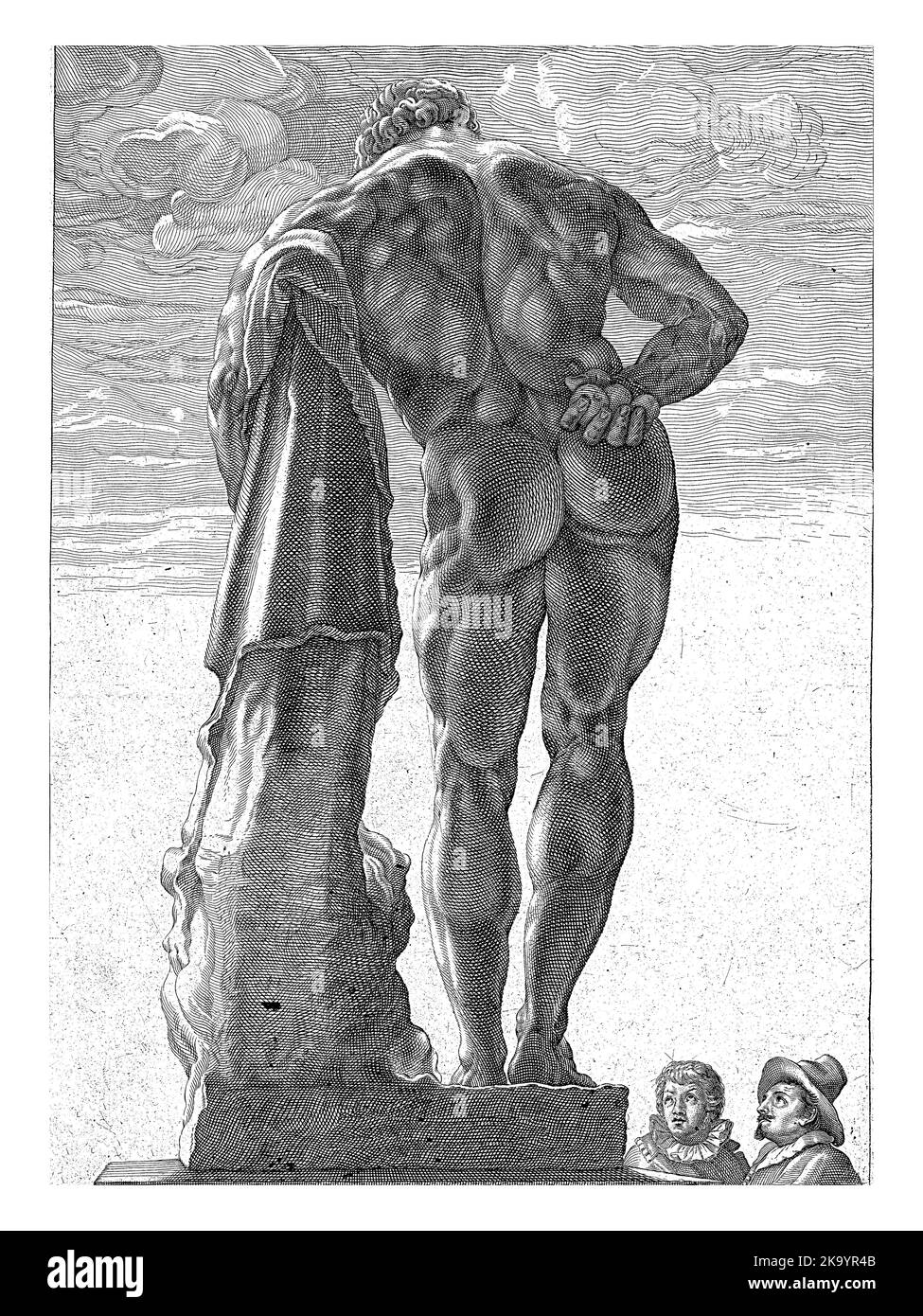 Eine große Statue des Herkules, von hinten gesehen, lehnt sich an seinen Knüppel. Bis 1787 stand diese Statue im Palazzo Farnese, daher der Name Hercules Farn Stockfoto