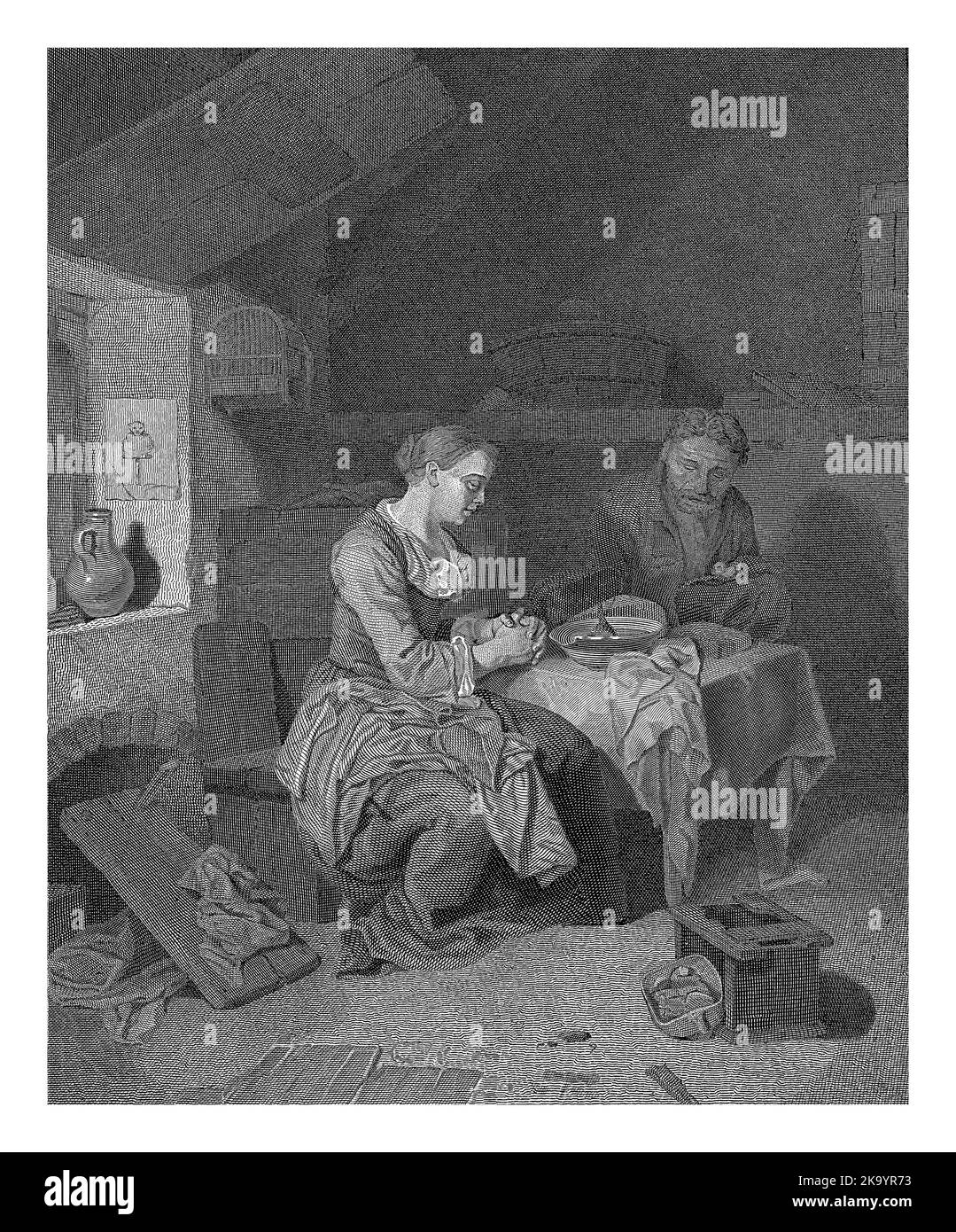 Gebet vor dem Mahl, Friedrich Wilhelm Burmeister, nach Cornelis Pietersz. Bega, 1869 Innere eines armen Bauernhaushalts. Ein alter Mann und ein junger Mann Stockfoto