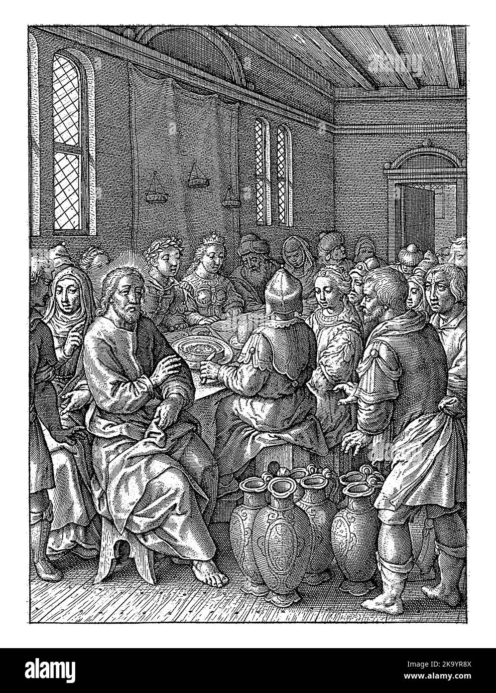 Hochzeit in Kana, Hieronymus Wierix, 1563 - vor 1619 sitzen das Brautpaar und die Gäste an einem Tisch. Christus segnet die Weinfässer nach Mary POI Stockfoto
