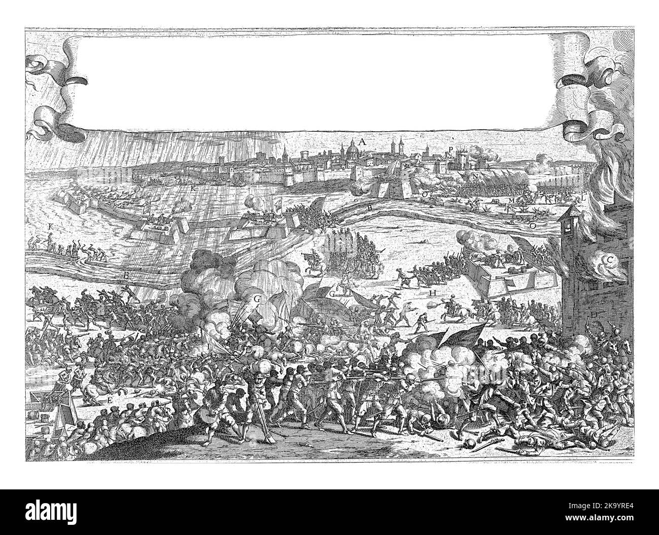 Grabbelagerung durch die Armee des Herzogs von Parma, Mai 1586. Im Vordergrund heftige Kämpfe zwischen den Spaniern und den Stationstruppen. In der Dista Stockfoto