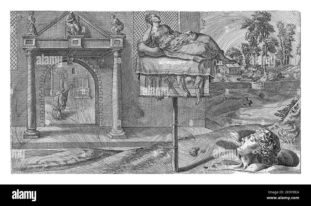 Der falsche Frieden ruht auf einem Bett, von dem aus Symbole des römischen Glaubens hängen. Das Bett ist auf einem dünnen Stock.die gesamte Performance ist in einen Mist ema gehüllt Stockfoto