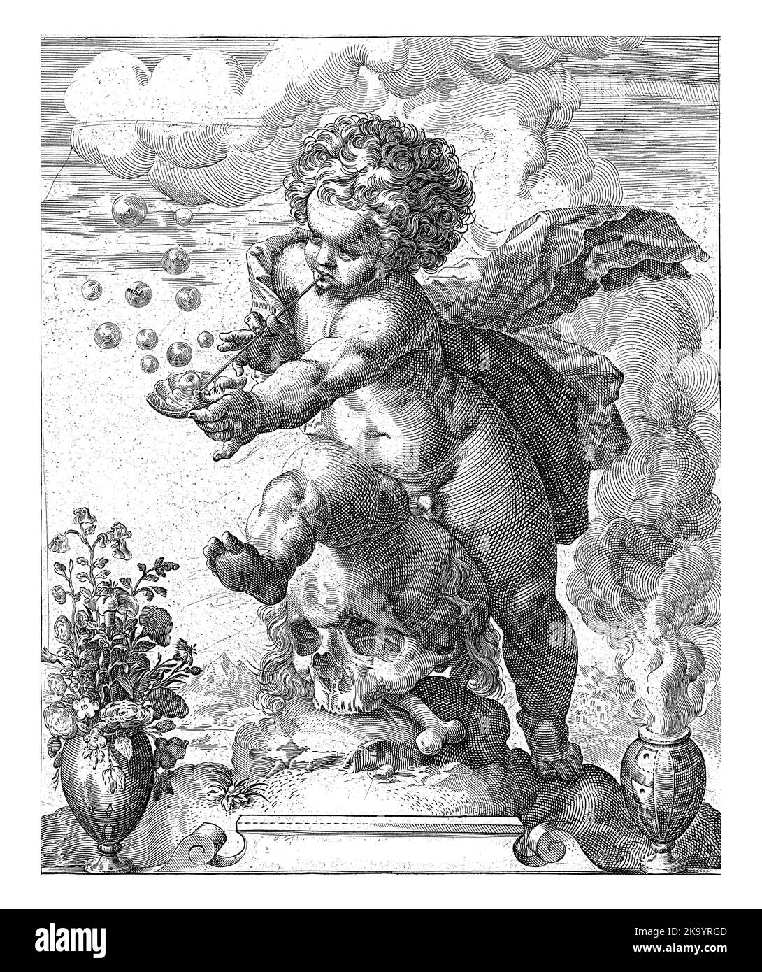 Ein Putto sitzt auf einem Schädel und bläst Blasen. Links eine Vase mit Blumen und rechts ein rauchenden Fass. Unterhalb der Performance zwei vierzeilige Vers Stockfoto