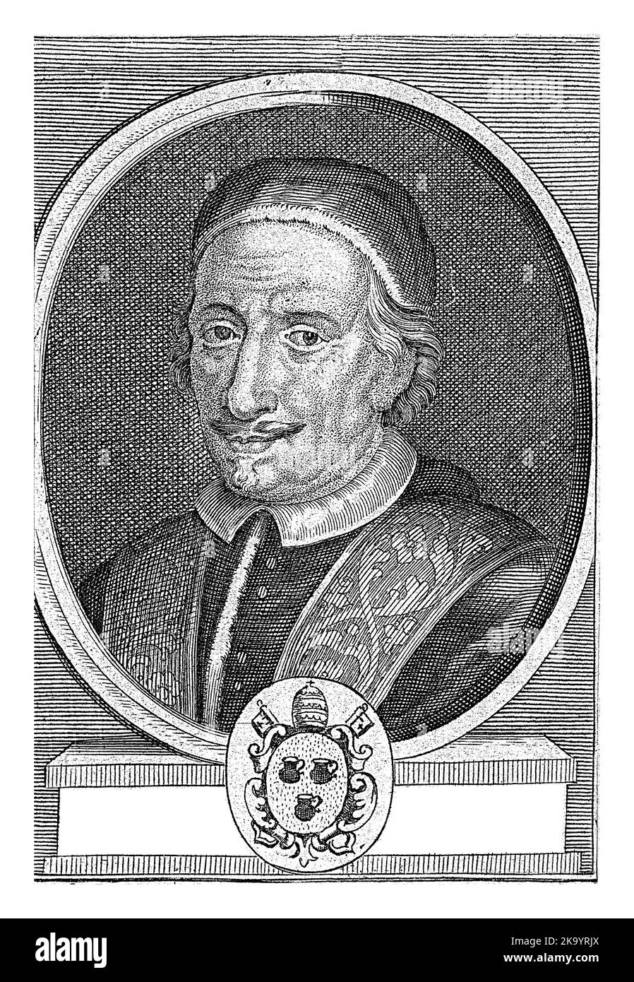Porträt in einem ovalen Rahmen von Papst Innozenz XII., Antonio Pignatelli. Büste nach links. Unter dem Porträt das Wappen des Papstes. Der Ausdruck hat einen Stockfoto