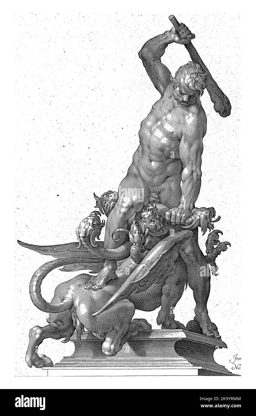 Herkules tötet Lernas hydra mit einem Schläger. Nach einer Brunnenskulptur des Bildhauers Adriaen de Vries. Stockfoto
