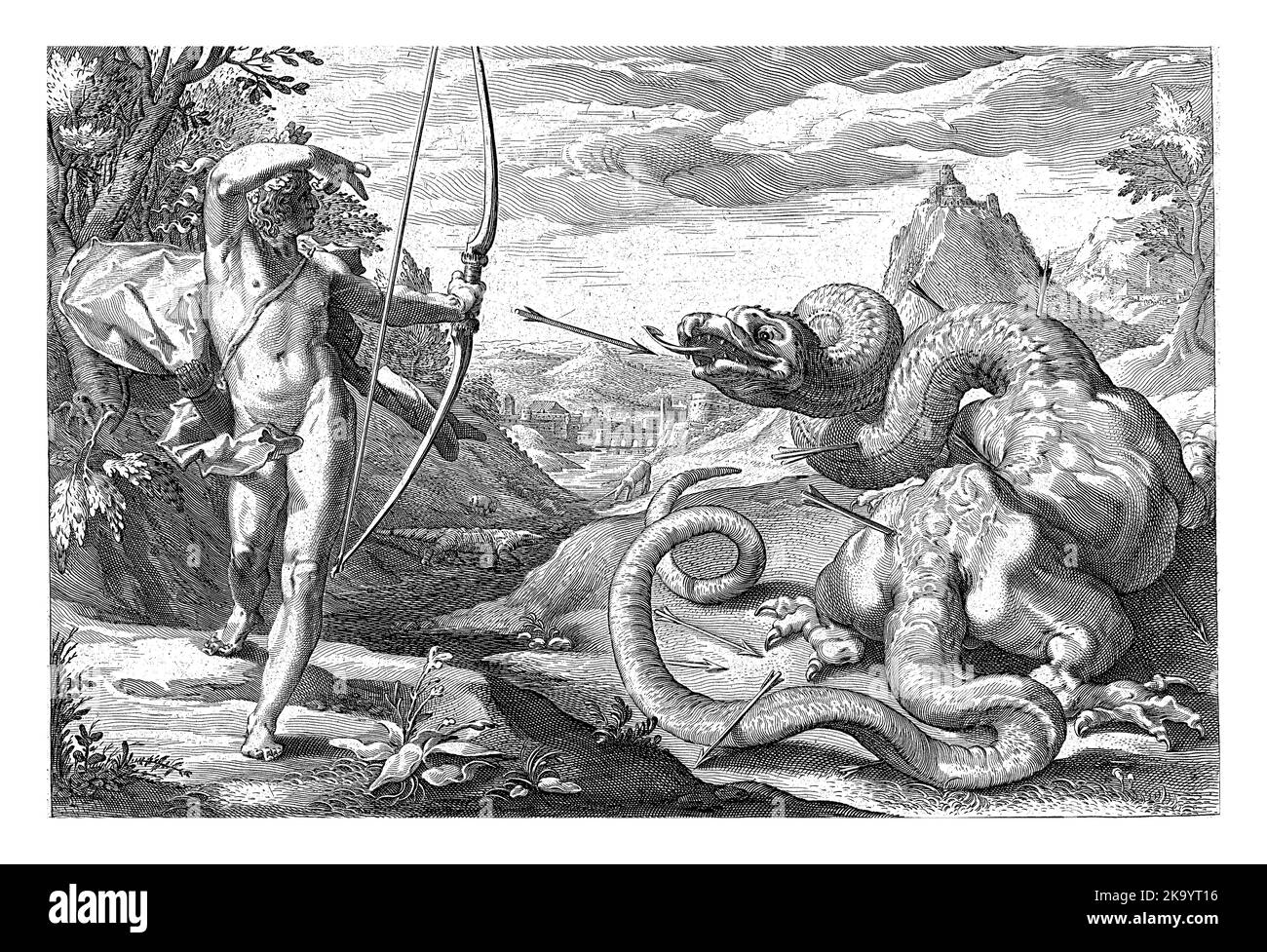 Apollo tötet die Riesenschlange Python (hier eher wie ein Drache, mit Beinen) mit vielen Pfeilen. Unterhalb der Performance zwei Zeilen lateinischer Text. Stockfoto