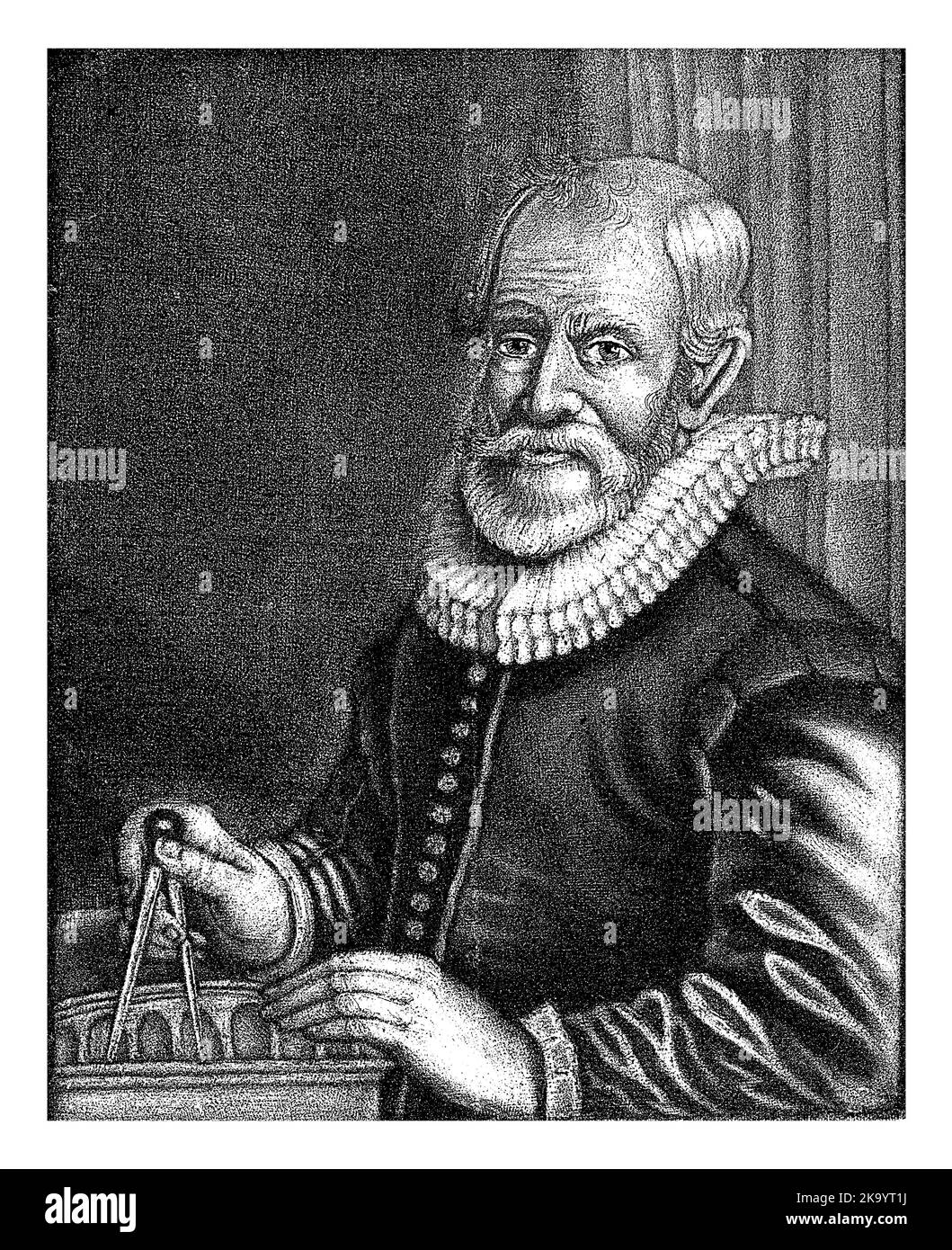 Der Architekt Cornelis Danckerts mit Kompass und Maßstabsmodell in der Hand. Stockfoto