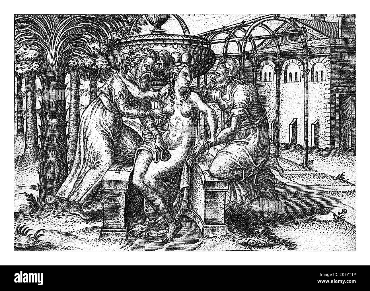 Susanna und die Ältesten, Abraham de Bruyn, 1570 Susanna wird beim Baden von zwei Ältesten angegriffen. Sie versucht, sie zu stoppen. Der Druck hat eine lateinische Beschriftung Stockfoto