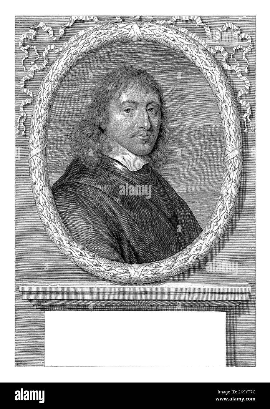 Porträt von Gerard Hulft, erster Generaldirektor der Niederländischen Ostindien. Büste mit ovalem Rahmen aus Lorbeerblättern, im Hintergrund kann ein Schiff sein Stockfoto