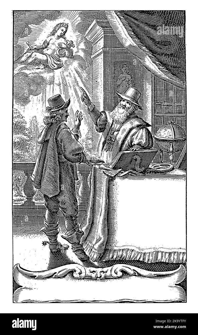 Ein alter Mann mit Bart und Hut und ein Mann mit Hut stehen vor einem Tisch mit einem offenen Buch. Sie zeigen auf den Himmel, wo der gott Apollo Stockfoto